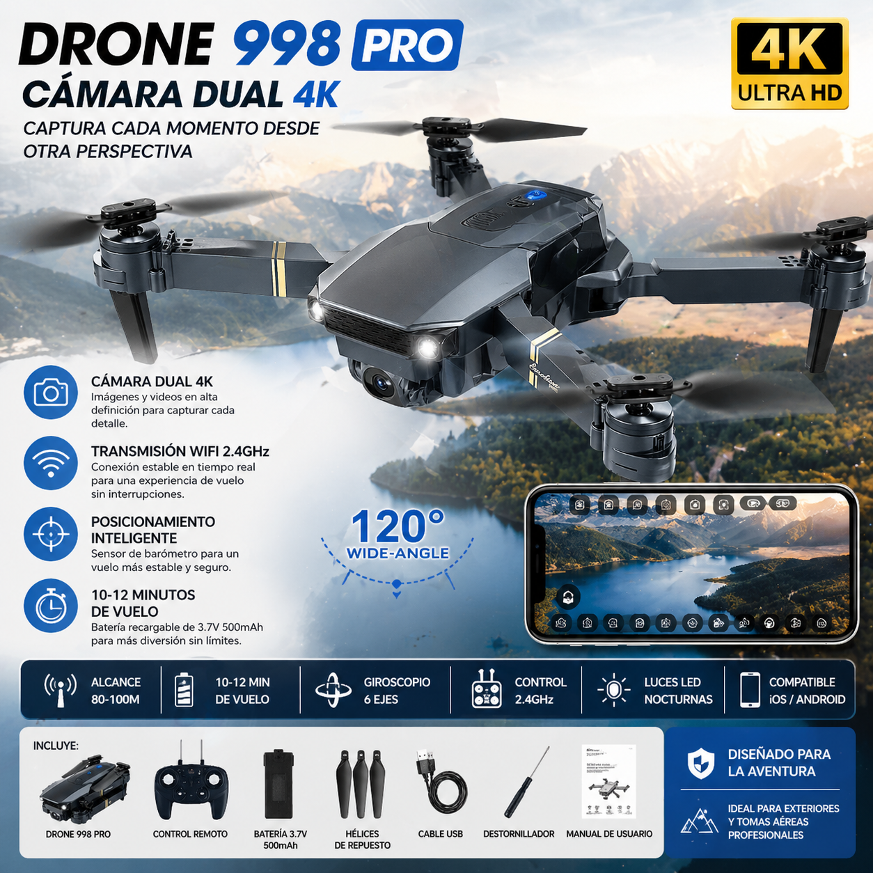 Drone 998 Pro Recargable Cámara Dual 4k